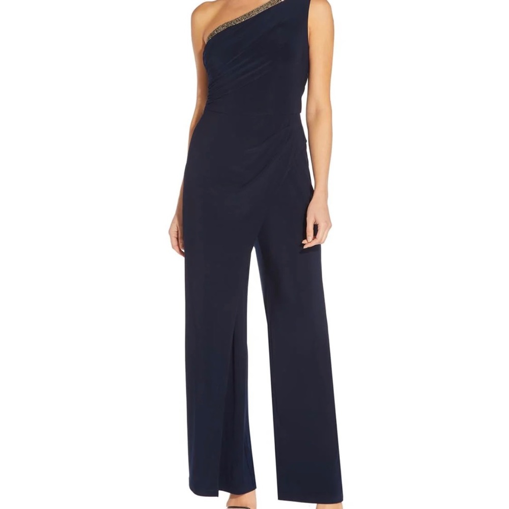 Adrianna Papell one shoulder jumpsuit with embellished trim